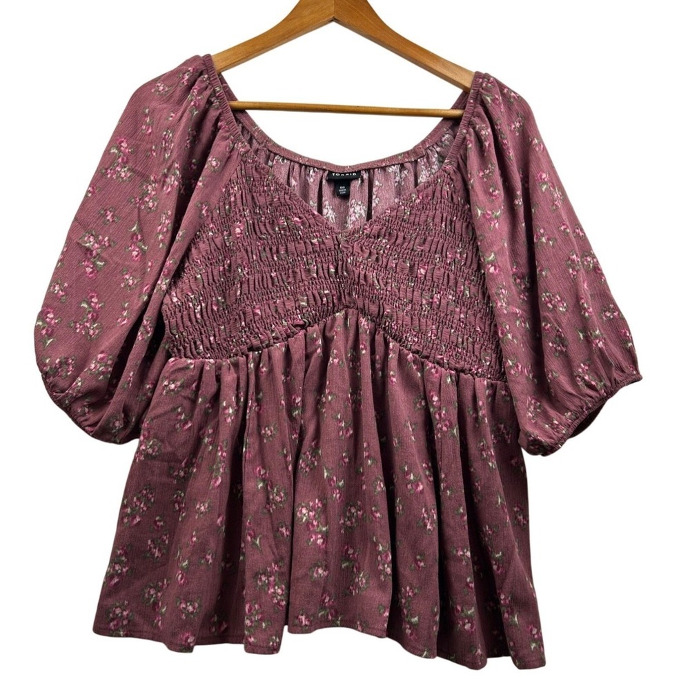 Torrid‎ Top Womens Sz 10 Floral Babydoll Boho Peplum Burgundy Pink Puff Sleeves